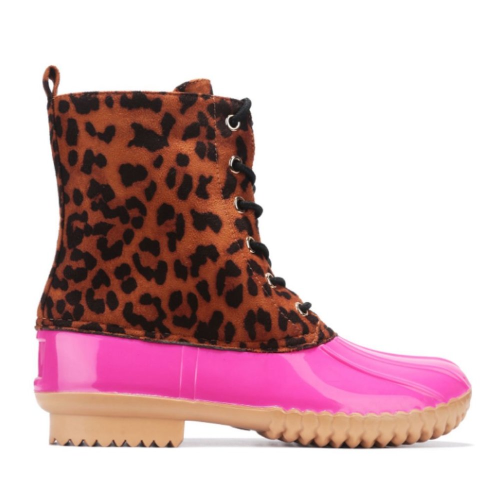 Pink Leopard Lace-up Faux Leather Duck Boots